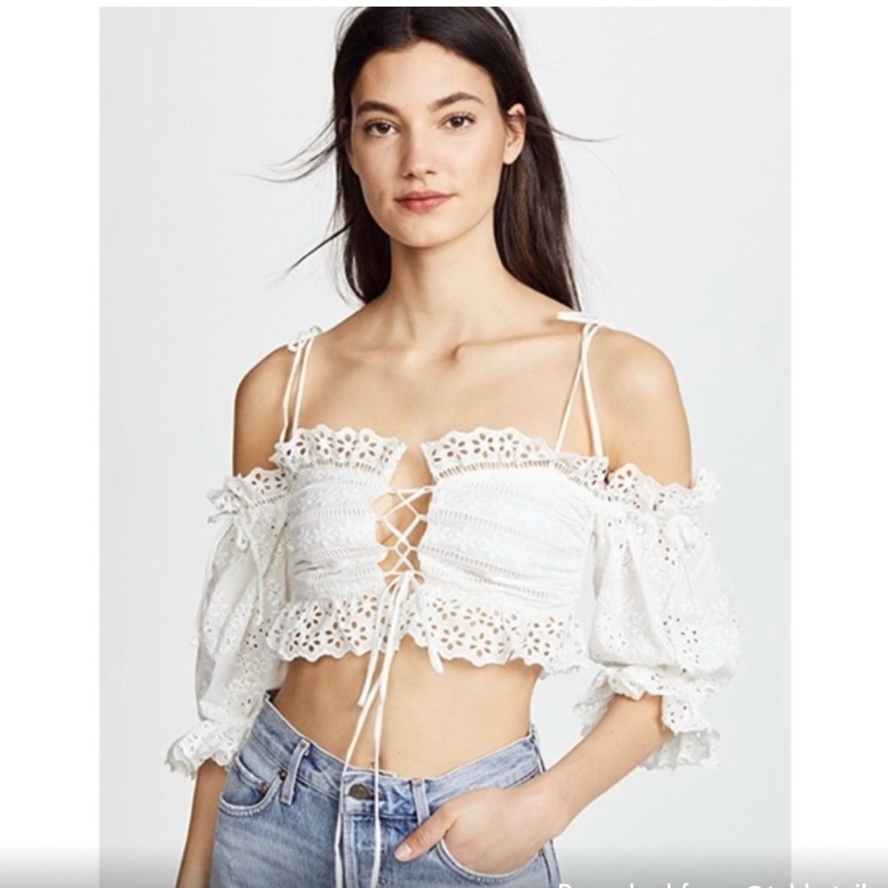 FOR LOVE & LEMONS Annabelle Ivory Eyelet Off-White Cotton Crop Top